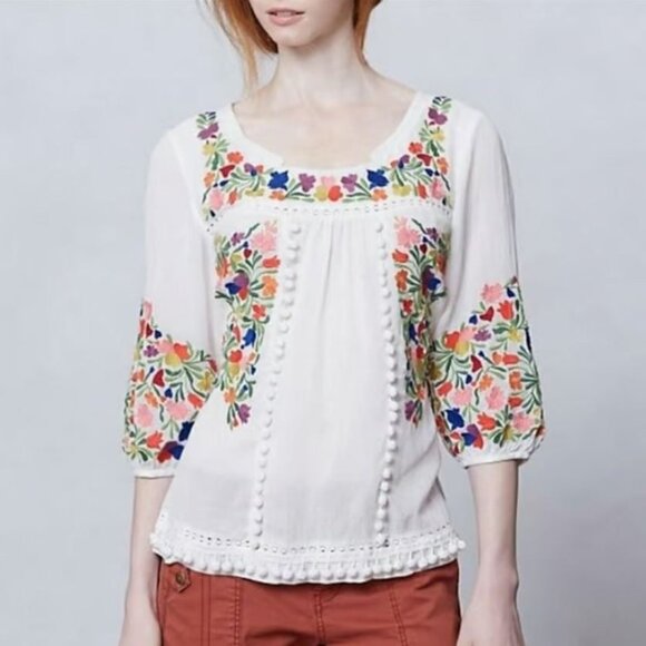 Vanessa Virginia Tops - Vanessa Virginia Anthropologie Women's Peasant Blouse Embroidered Pom Pom Boho